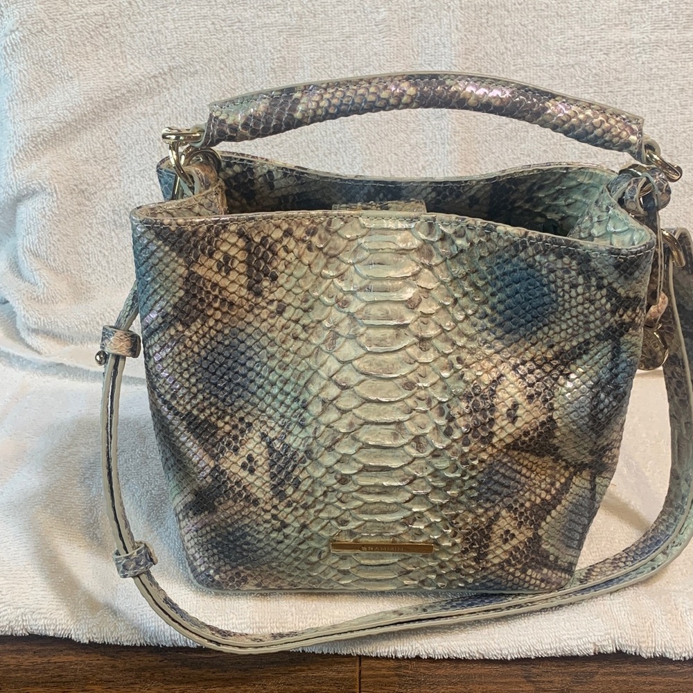 Python-Embossed Leather Shoulder Bag in Metallic Sage